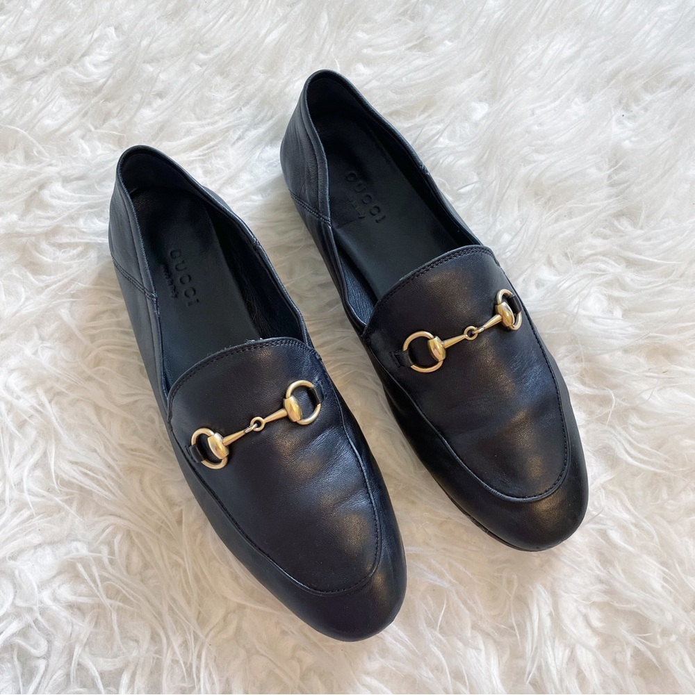 Gucci Black Leather Horsebit Loafers with Gold Hardware